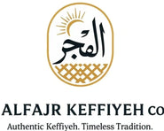 Logo of ALFAJR Keffiyeh Co with Arabic text and geometric design on a white background